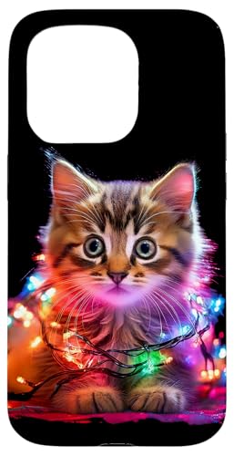 Hülle für iPhone 15 Pro Weihnachtsbeleuchtung Kätzchen Urlaub Bunte Katze Grafik von Christmas Kitten Matching Family Graphics