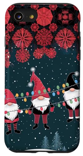 Hülle für iPhone SE (2020) / 7 / 8 Weihnachtsbeleuchtung, rotes Büffelkaro, drei Zwerge von Christmas Lights Plaid Gnomes