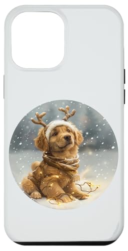 Hülle für iPhone 14 Pro Max Weihnachtsbeleuchtung mit Rentier-Motiv Golden Retriever Welpe von Christmas Reindeer Golden Retriever Puppy Dog