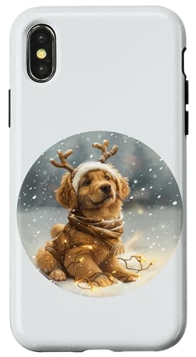 Hülle für iPhone X/XS Weihnachtsbeleuchtung mit Rentier-Motiv Golden Retriever Welpe von Christmas Reindeer Golden Retriever Puppy Dog