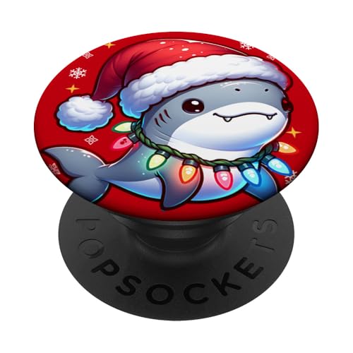 Niedlicher Hai in Nikolausmütze mit Weihnachtsbeleuchtung PopSockets Klebender PopGrip von Christmas Shark Apparel Gifts by Anastasia