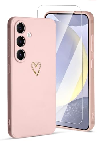 Ciciber Handyhülle für Samsung Galaxy S25 Silikon Hülle mit Displayschutz, Gold Herz Muster Mädchen Handyhülle Kameraschutz Kratzfest Stoßfest Schutzhülle für Samsung Galaxy S25, Sand Pink von Ciciber