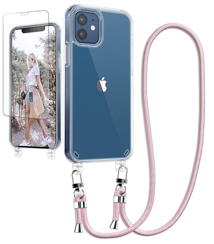 Ciciber Handykette Hülle für iPhone 12/12 Pro Handyhülle mit Band und Schutzfolie, Transparent Case mit Schnur zum Umhängen Kordel Necklace Hülle Schutzhülle für iPhone 12/12 Pro 6.1", roségold von Ciciber