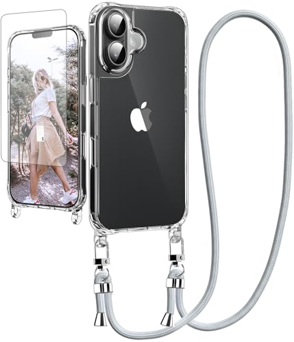 Ciciber Handykette Hülle für iPhone 16 Handyhülle mit Band und Schutzfolie, Transparent Case mit Schnur zum Umhängen Kordel Necklace Hülle Schutzhülle für iPhone 16 6.1", grau von Ciciber