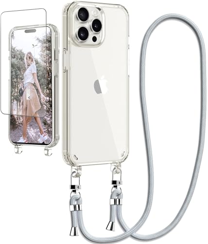 Ciciber Handykette Hülle für iPhone 16 Pro Max Handyhülle mit Band und Schutzfolie, Transparent Case mit Schnur zum Umhängen Kordel Necklace Hülle Schutzhülle für iPhone 16 Pro Max 6.9", grau von Ciciber