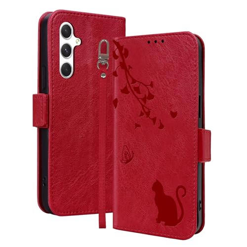 Handyhülle für Samsung Galaxy S24 Leder Hülle Ständer Kartenfächer Klapphülle Magnetische Schließe Samsung Galaxy S24 5G Schutzhülle Wallet Flip Case Cover Tasche - Rot von Cicili