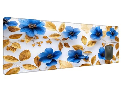 Mauspad XXL 900x400mm Blau Mousepad Groß Schreibtischunterlage Blume, Gaming Mauspad Gadgets Schreibtisch Zubehör, Wasserdicht Mouse Pad rutschfeste Vernähte Kanten Verbessert Geschwindigkeit F-4 von Ciooyxee