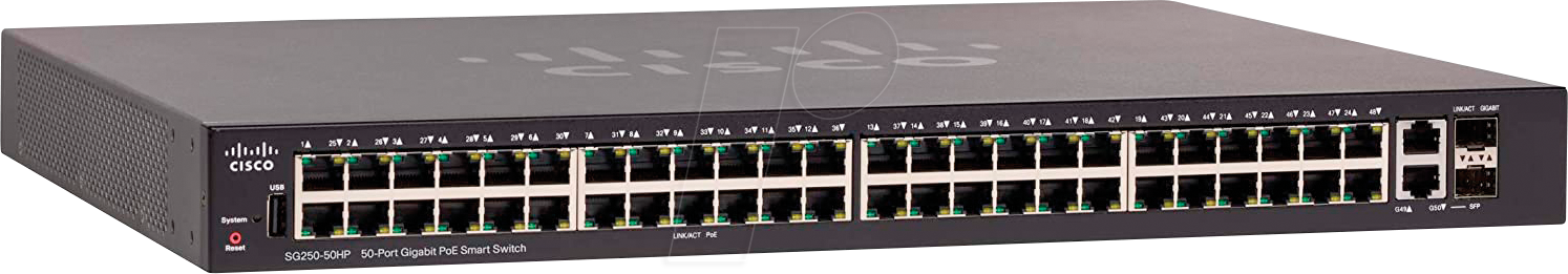 CISCO SG250-50P - Switch, 50-Port, Gigabit Ethernet, PoE+, RJ45/SFP von Cisco