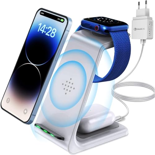 Kabellose Ladegerät 3 in 1 Wireless Charger QI induktive ladestation Kompatibel mit Apple Watch SE/6/5/4/3/2,Airpods Pro/2，iphone 13/12/11/Pro Max/Samsung und Qi Telefone-Weiß（Mit Adapter) von Civetes