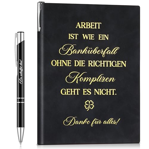 Clabby 2er Set Geschenk für Kollegen A5 Notizbuch PU Leder Notizblock mit Spruch Arbeit Ist Wie Ein Banküberfall Motivierender Kugelschreiber Inspirierende Stift Dankesgeschenk Mitarbeiter(Schwarz) von Clabby