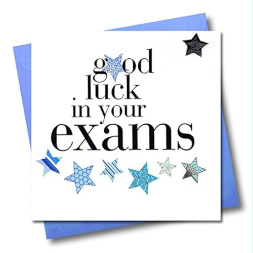 Claire Giles Glückwunschkarte "Good Luck in Your Exams" mit Herzen und Sternen, Blau/Weiß von Claire Giles Greeting Cards