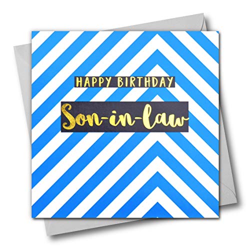 Happy Birthday Schwiegersohn blau Chevrons Glückwunschkarte mit Text foliert in glänzend gold von Claire Giles