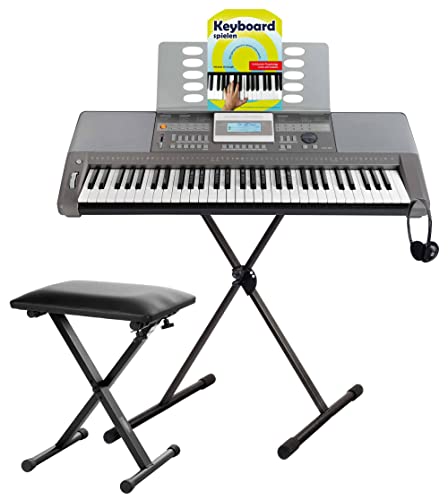 Classic Cantabile CPK-303 Keyboard Deluxe Set - 61 Tasten mit Anschlagdynamik - 508 Klänge und 180 Begleitrhythmen -inkl. Ständer, Bank, Tasche, Kopfhörer und Keyboardschule - grau von Classic Cantabile