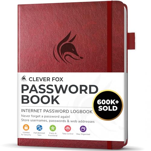 Clever Fox Passwortbuch mit Registerkarten - Adress- und Passwort-Organisationsbuch mit alphabetischen Registerkarten - Kleines Passwortbuch für Computer- und Website-Logins, Weinrot von Clever Fox