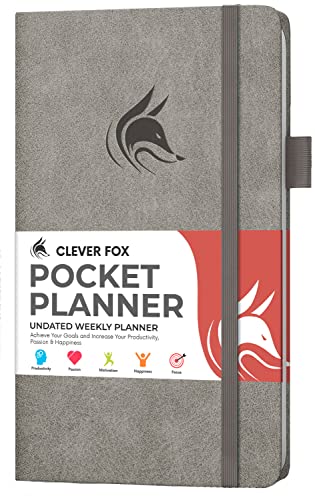 Clever Fox Pocket Planner Weekly - Undatierter Monatsplaner und Kalender, Mini-Planer perfekt für Geldbörse, 10 x 17,5 cm (Grau) von Clever Fox