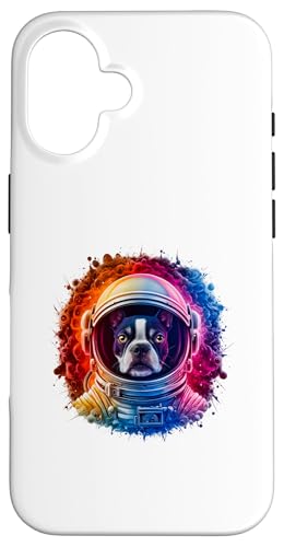 Hülle für iPhone 16 Herren Damen Bunt Space Astronaut Boston Terrier von Click For Cool Space Dog Astronaut Designs