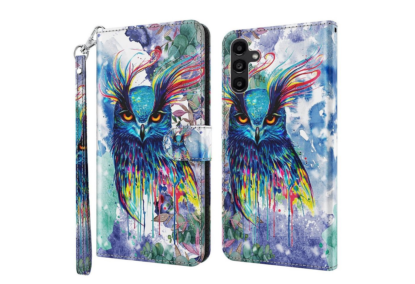 CLM-Tech Handytasche Hülle für Samsung Galaxy A14 5G Tasche aus Kunstleder Klapphülle (Eule bunt, Handyhülle Wallet Flip Case Cover Etui), Standfunktion, Kartenfächer, Magnetverschluss von Clm-Tech