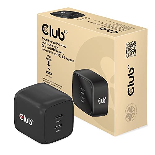 Club 3D CAC-1909EU Reiseladegerät PPS 45W GAN-Technologie, Dualer Anschluss USB Typ-C, Power Delivery(PD) 3.0 Unterstützung von Club 3D