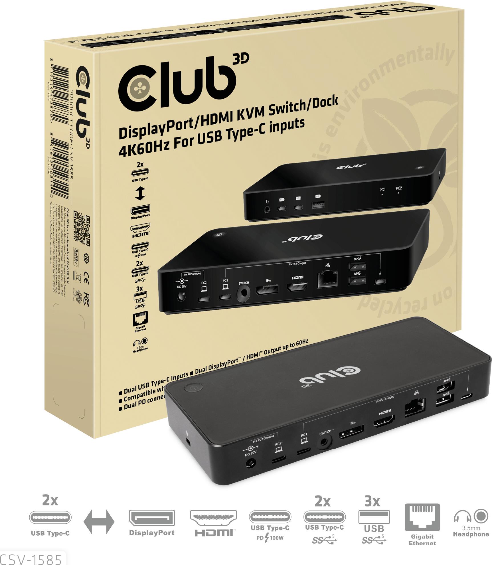 CLUB3D DisplayPort/HDMI KVM Switch/Dock 4K60Hz für USB Typ-C Eingänge (CSV-1585) von Club3D