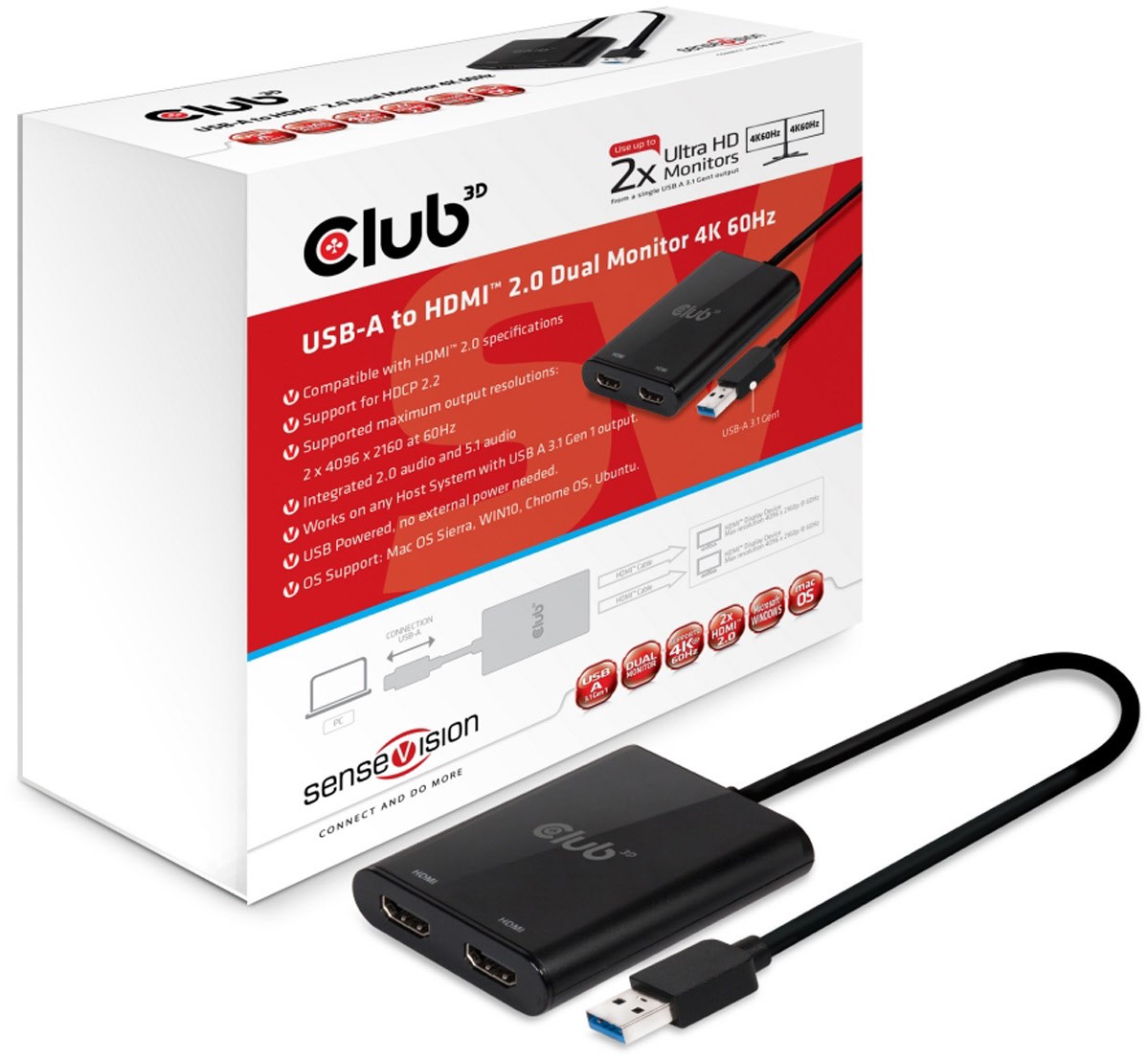 USB 3.1 > 2x HDMI 2.0 4K Adapter aktiv Stecker > Buchse von Club3D