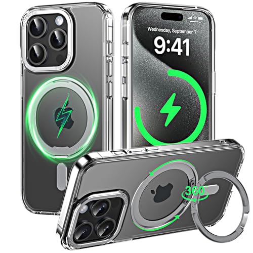 Cnarery Magnetisch Hülle für iPhone 15 Pro Max 6,7", Eingebauter 360°magnetischer drehbarer Ringständer Halter, Kratzfeste Transparente Handyhülle, Stoßfest Samtige Touch Case (Transparent) von Cnarery