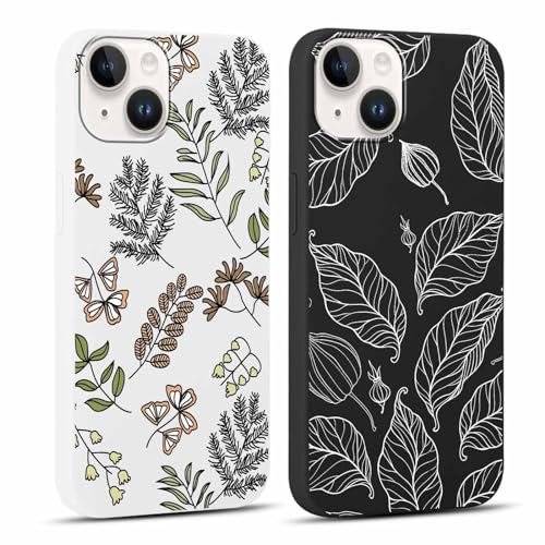 Coalbooliy 2 Stück Handyhülle für iPhone 13/iPhone 14 6,1", Aesthetic Muster Blatt Design Hülle Mädchen Frauen Geschenk Schwarz-Weiss Dünne Silikon Stoßfestes Schutzhülle, 03 von Coalbooliy