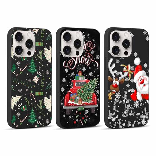 Coalbooliy 3 Stück Weihnachten Hülle für iPhone 15 Pro Handyhülle 6,1”, Aesthetic Cartoon Christmas Muster Design Schwarz Silikon Case Weich TPU Stoßfeste Schutzhülle Cover, Schneeflocke Baum REH von Coalbooliy