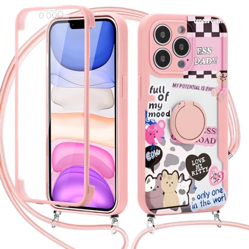 Coalbooliy 360 Grad Handykette für iPhone 7/8/iPhone SE 2022/SE 2020 Hülle mit Band, Katze Muster Rosa Silikon Fullbody Schutzhülle Con Necklace Ringhalter Stände mit Displayschutz Cover, 09 von Coalbooliy