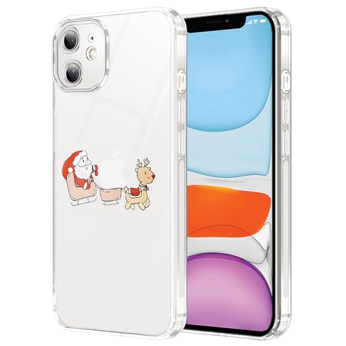 Coalbooliy Weihnachten Handyhülle für iPhone 11 hülle 6,1", Transparent Aesthetic Cartoon Christmas Muster Design Case PC+TPU Silikon Cover Bumper Stoßfestes Schutzhülle, Weihnachtsmann Hirsch von Coalbooliy