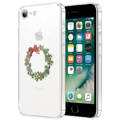 Coalbooliy Weihnachten Handyhülle für iPhone 8/7/iPhone SE 2022/2020 hülle 4,7", Transparent Aesthetic Cartoon Christmas Muster Case PC Silikon Cover Bumper Stoßfestes Schutzhülle,Weihnachtsbaumkreis von Coalbooliy