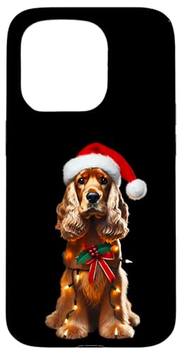 Hülle für iPhone 15 Pro Cocker Spaniel mit Weihnachtsmütze und Weihnachtsbeleuchtung Hundebesitzer von Cocker Spaniel Christmas Products