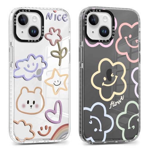 Coiwxmoi 2 Stück Transparent Handyhülle für iPhone 15 6,1" Hülle, Aesthetic Blumen Muster Durchsichtig Case Mädchen Frauen Schutzhülle, Weich Silikon TPU Bumper Stoßfeste Cover für iPhone 15,02 von Coiwxmoi