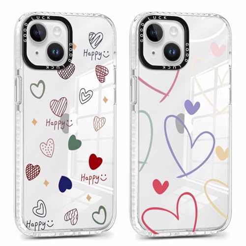 Coiwxmoi 2 Stück Transparent Handyhülle für iPhone 15 6,1" Hülle, Aesthetic Bunt Herz Muster Durchsichtig Case Mädchen Frauen Schutzhülle, Weich Silikon TPU Bumper Stoßfeste Cover für iPhone 15,01 von Coiwxmoi