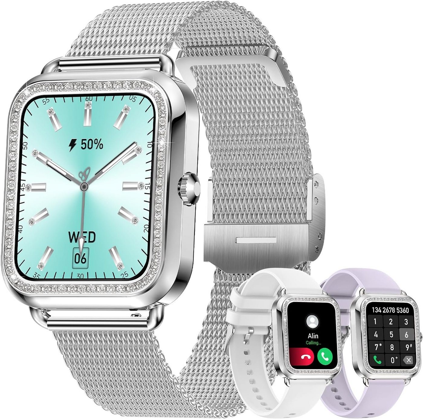 Colesma Smartwatch (1,59 Zoll, Android, iOS), Damenuhr Telefonfunktion mit Blutdruck Herzfrequenz SpO2 Sport-Modi von Colesma