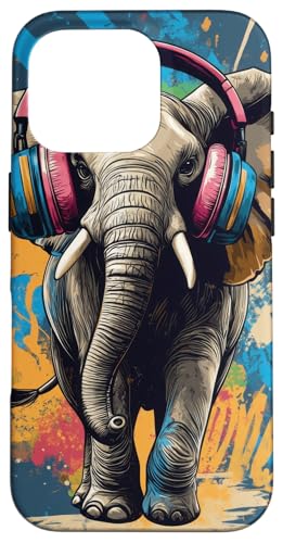 Hülle für iPhone 16 Pro Elefant Musik Tier Kopfhörer Musikliebhaber Geschenk von Colorful art Funky Wildlife enthusiast Hipster