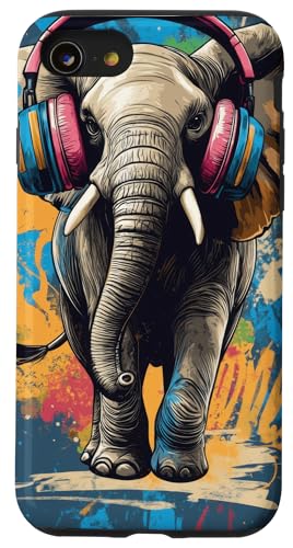 Hülle für iPhone SE (2020) / 7 / 8 Elefant Musik Tier Kopfhörer Musikliebhaber Geschenk von Colorful art Funky Wildlife enthusiast Hipster