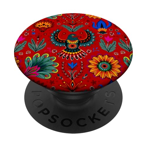 Bunt, lebendig, rot, Vogel, mexikanische traditionelle Volkskunst PopSockets Klebender PopGrip von Colorful art