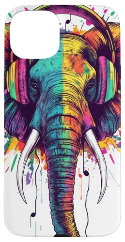 Hülle für iPhone 15 Plus Elefant Musik Tier Kopfhörer Musikliebhaber von Colorful elephant Animal art Wildlife