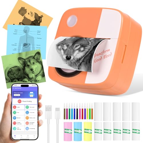 Mini Drucker, Mobiler Fotodrucker, Tragbarer Mini Fotodrucker, Smartphone Drucker, Handy Drucker mit Etikettendruckpapier, Farbigem Papier, Stiften,Tragbarer Taschendrucker für Android, iOS von Comius Sharp