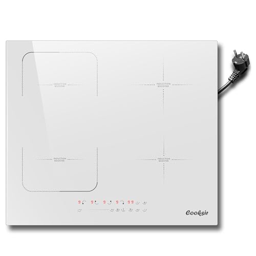 Induktionskochfeld 4 Platten, Cooksir kochfelder 4er mit Stecker, Einbau 59cm, 3500Watt, Weißes Keramikglas Kochplatte, Kombinierte Zone von Cooksir