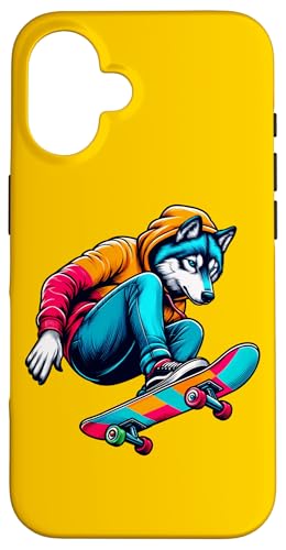 Hülle für iPhone 16 Coole Funky Wolf Skateboarding Illustration Art von Cool Animals Skateboard Illustration Art Store