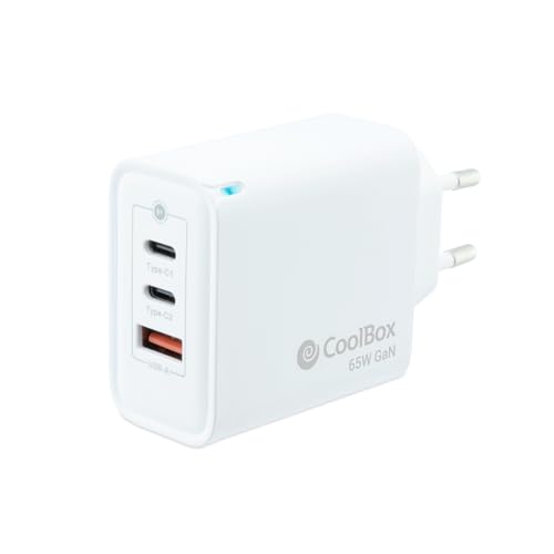 CoolBox Ladegerät 2 x USB C + USB A 65 W mit GAN-Technologie, QuickCharge 3.0 + PowerDelivery, kompatibel mit iPhone/iPad/Galaxy/Xiaomi, ultrakompaktes Format, Weiß von CoolBox