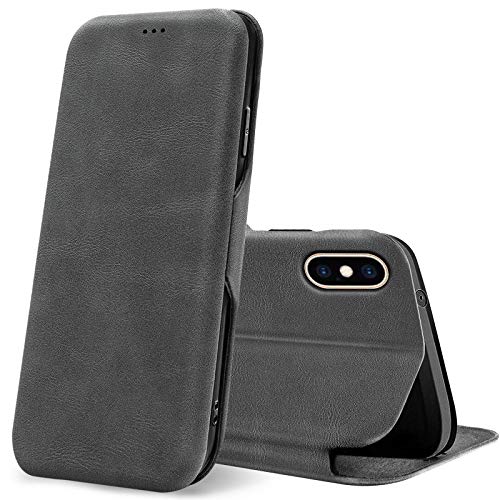 CoolGadget Klapphülle für iPhone X/iPhone XS, PU Leder, Kartenfach, Magnetverschluss, Standfunktion, Rundumschutz - Grau von CoolGadget