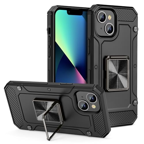 Coolden Armor Hülle für iPhone 13 Case iPhone 14 Hülle Militär Stoßfest Handyhülle Ring Ständer Schutzhülle Bumper Cover Dual Layer FallSchutz Robust Hülle für iPhone 13/14 6,1 Zoll, Schwarz von Coolden