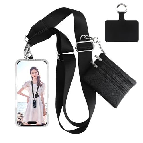 Coolden Handykette Universal Handy Lanyard Geeignet für alle Smartphones mit Universelles Patch Clip und Handygurt mit Reißverschluss Geldbörse Handyband mit jeder Hülle kombinierbar Schwarz von Coolden