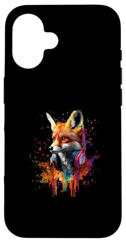 Hülle für iPhone 16 Künstlerisch Bunt Fuchs mit DJ Kopfhörer Waldtier Fuchs von Coole Bunte Künstlerische Fuchs Waldtier Motive