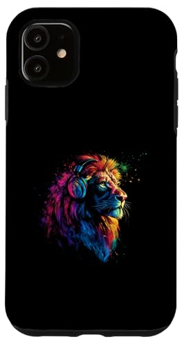 Hülle für iPhone 11 Künstlerisch Bunt Löwe Kopfhörer Safaritiere (Rückenprint) von Coole Bunte Künstlerische Löwe Safari Motive