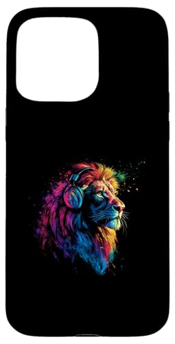 Hülle für iPhone 15 Pro Max Künstlerisch Bunt Löwe Kopfhörer Safaritiere (Rückenprint) von Coole Bunte Künstlerische Löwe Safari Motive