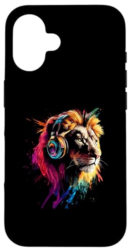 Hülle für iPhone 16 Künstlerisch Bunt Löwe Kopfhörer Safaritiere (Rückenprint) von Coole Bunte Künstlerische Löwe Safari Motive