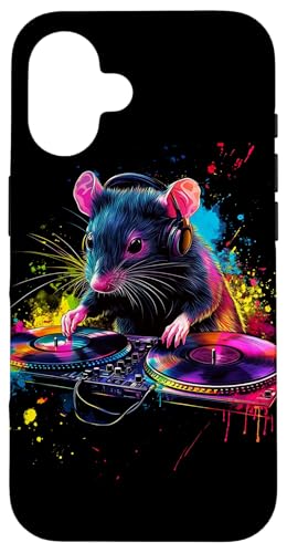 Hülle für iPhone 16 Künstlerisch Bunt Ratte DJ Turntables Kopfhörer Maus von Coole Bunte Künstlerische Nagetier DJ Motive